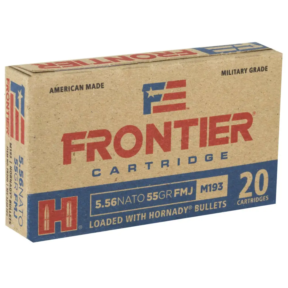 Hornady Frontier 55 grain FMJ rifle ammunition box with 20 rounds