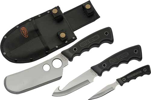 SZCO Rite Edge 3-piece skinning knife set with black handles and belt sheath