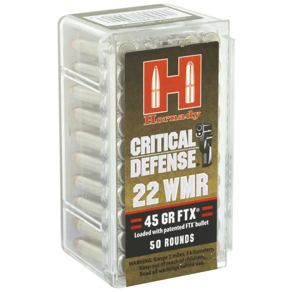 Hornady Critical Defense .22 WMR 45-grain FTX rimfire ammunition, 50 rounds