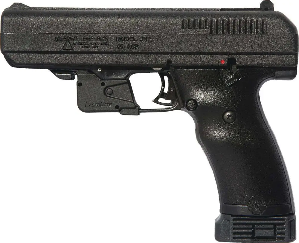 Hi Point .45 ACP pistol with black finish and LaserLyte trigger-guard laser