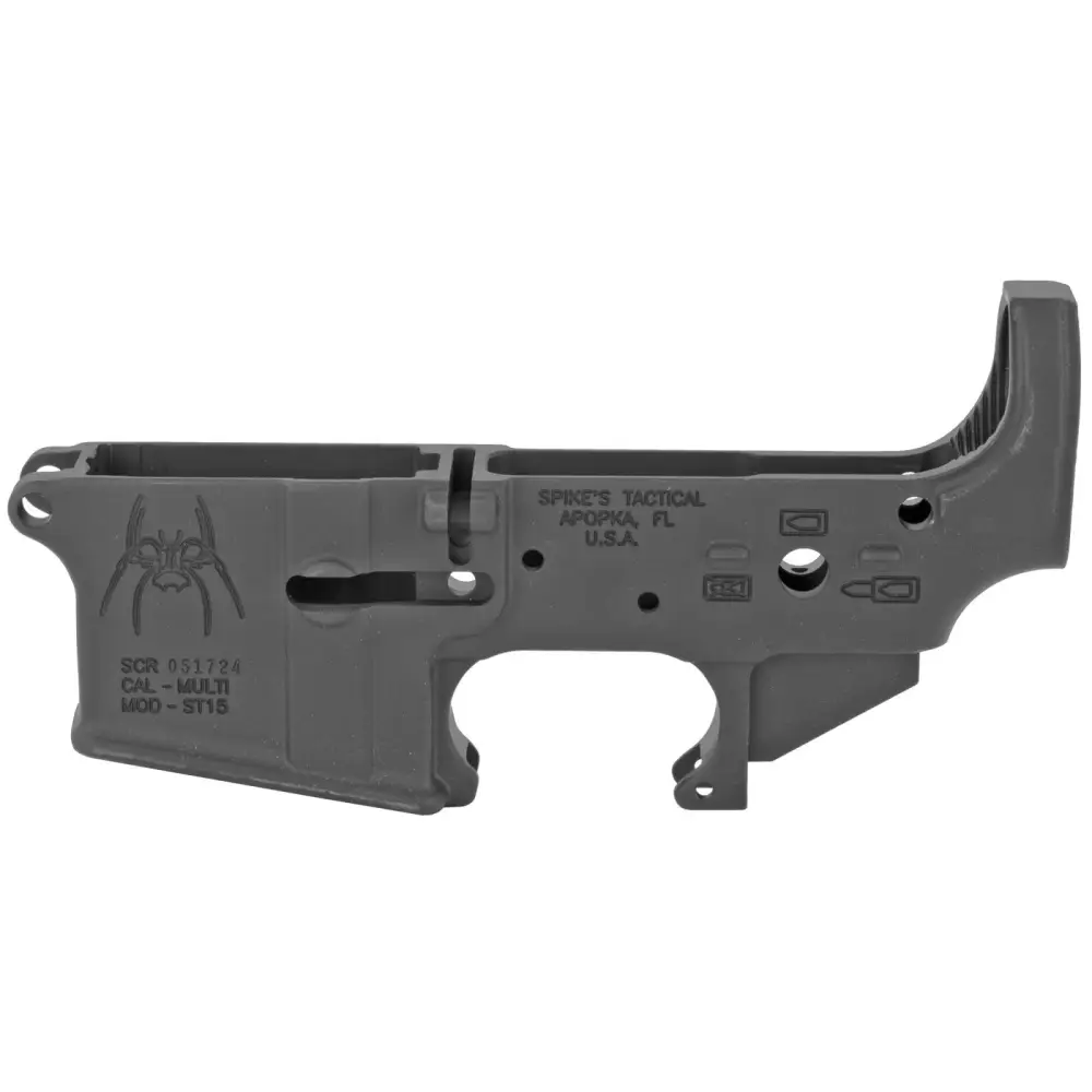 Spikes Tactical STLS019 black multi-caliber stripped AR-15 lower receiver with Spider logo