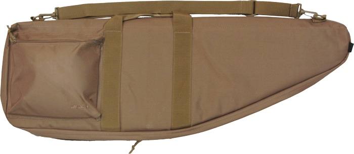 Tan 36-inch tactical rifle case with foam padding and external storage pocket