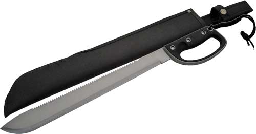 SZCO RITE EDGE 19-inch stainless steel machete with black rubber grip and sheath
