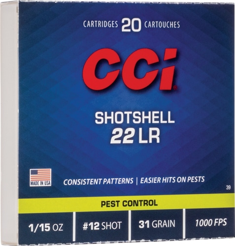 CCI 22 LR shotshell ammunition, 31 grain #12 shot, 20-round box
