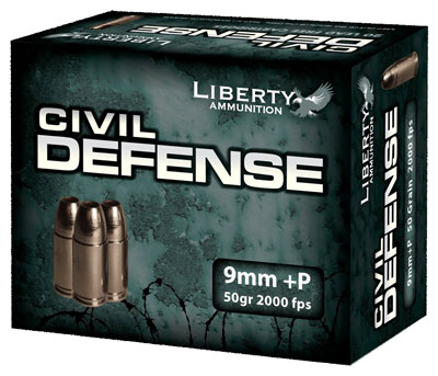 Liberty Civil Defense 9mm +P 50-grain ammunition, 20-round box