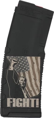 Black Rain Ordnance 30-round black polymer AR-15 magazine with lasered Trump Fight design
