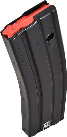 300 AAC Blackout AR-15 aluminum magazine with black matte finish and red follower