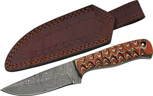 SZCO Rite Edge 4-inch Damascus hunting knife with red twisted-wood handle and sheath