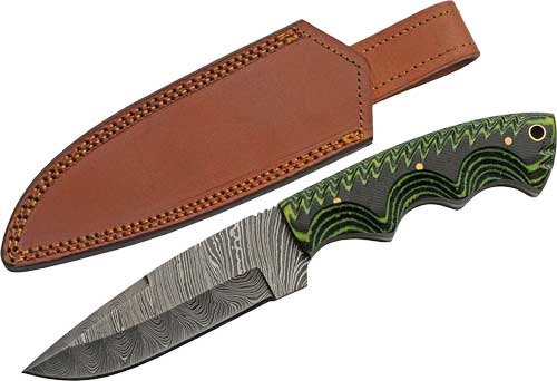 SZCO Rite Edge Tree Ridge 5-inch Damascus fixed blade knife with micarta handle and sheath