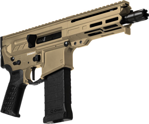 CMMG Dissent MK4 5.7x28mm AR pistol with 6.5-inch barrel in coyote tan