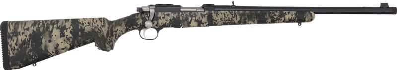 77/357 bolt-action rifle with threaded barrel and Kryptek Obskura Nox camo stock