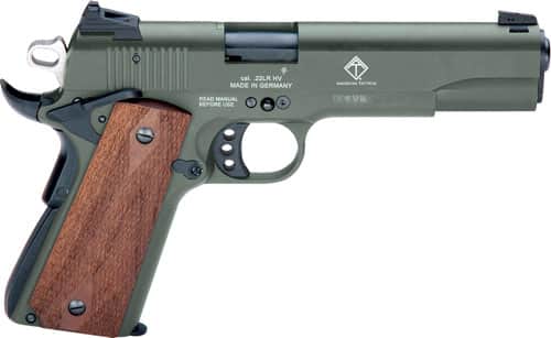 ATI GSG 1911 .22 LR pistol with 5-inch threaded barrel in OD green