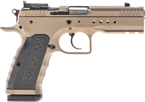Tanfoglio Hexagon Tactical 9mm pistol with 4.45-inch barrel and aluminum grips