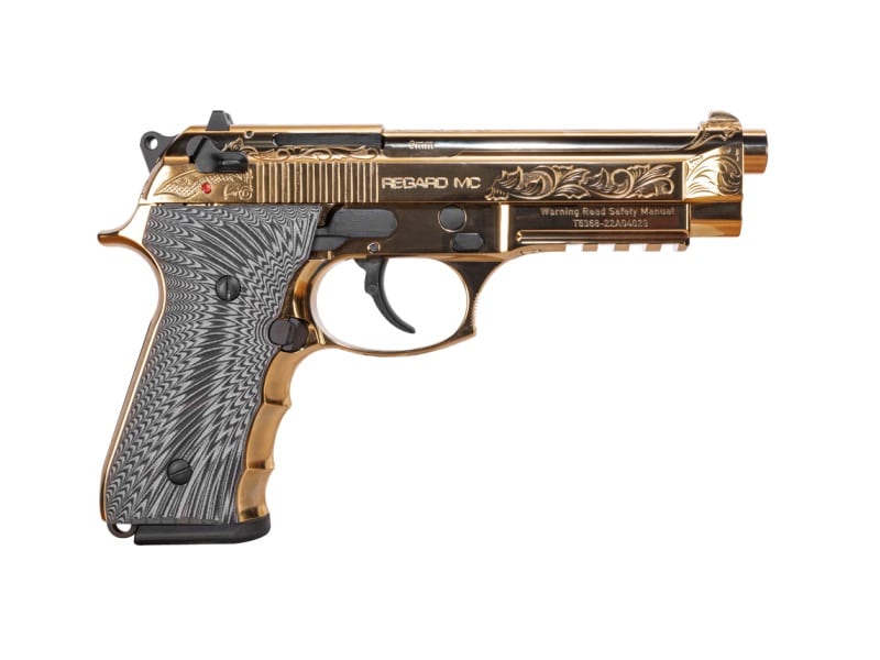 EAA Girsan Regard MC Deluxe 9mm pistol with 4.9-inch barrel and gold engraved finish