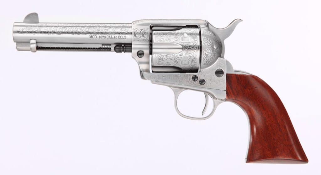 Taylors and Company 1873 Cattleman .357 Magnum revolver with floral engraving and walnut grip