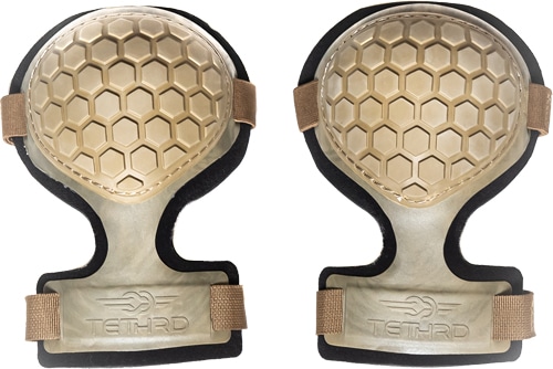Tethrd tan knee pads with raised hexagonal gripping lugs and stretch straps