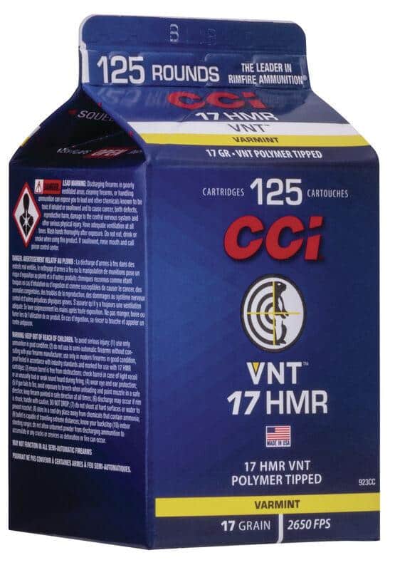 CCI VNT rimfire ammunition with 17-grain varmint-tipped bullets, 125 rounds