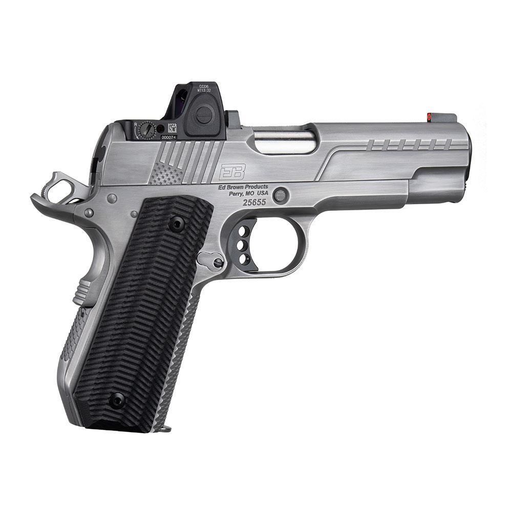 Ed Brown stainless .45 ACP 1911 handgun with 4.25-inch barrel and RMRcc optic