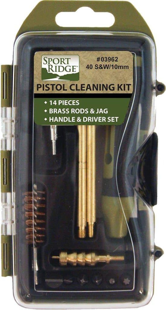 14-piece 40 caliber and 10mm pistol cleaning kit in a black hard case