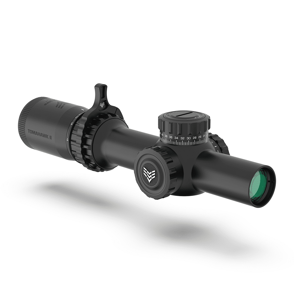 Swamp Fox Tomahawk II 1-6x24 SFP rifle scope with green fiber optic reticle