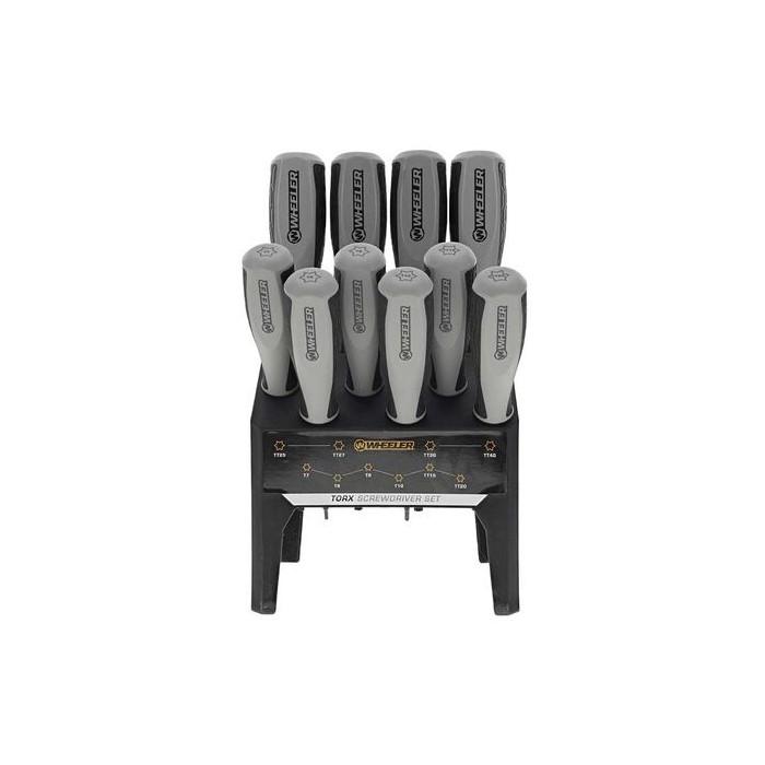 10-piece Torx benchtop screwdriver set with color-coded handles and stand
