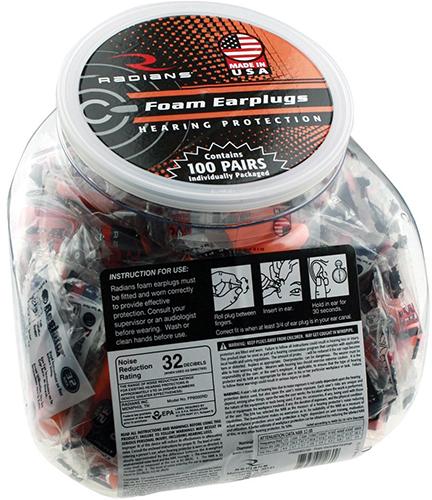 Radians FP8000RD/100 orange foam earplugs, NRR 32 dB, 100-pair dispenser jar