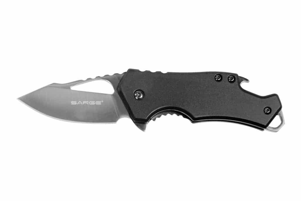 Sarge Knives Black Fuse folding knife with black handle and bottle opener