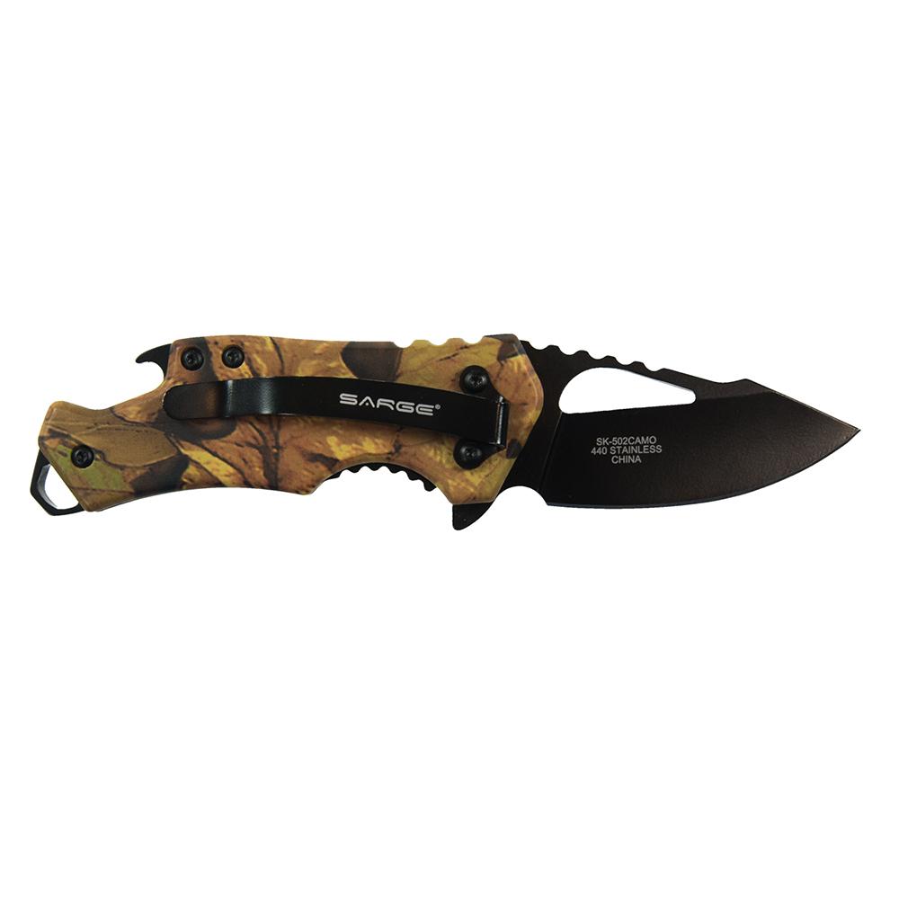 Sarge Knives Camo Fuse folding knife with camouflage handle and black coated blade