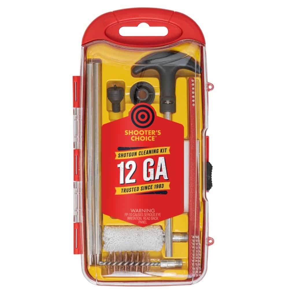 12 gauge shotgun cleaning kit with aluminum rod, brushes, patches, and lubricant