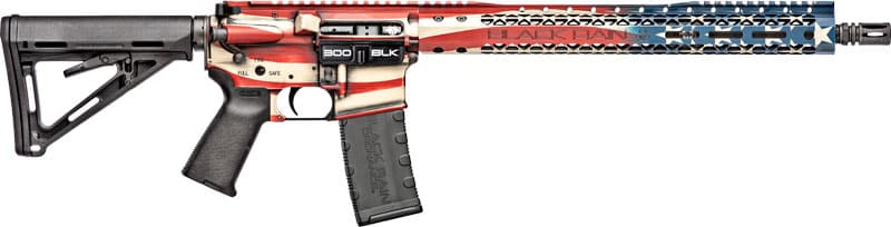 Black Rain Ordnance Patriot 300 AAC Blackout rifle with 16-inch barrel and American flag finish