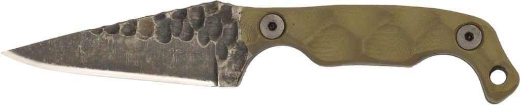 Stroup Mini fixed blade knife with olive drab green handle and sheath