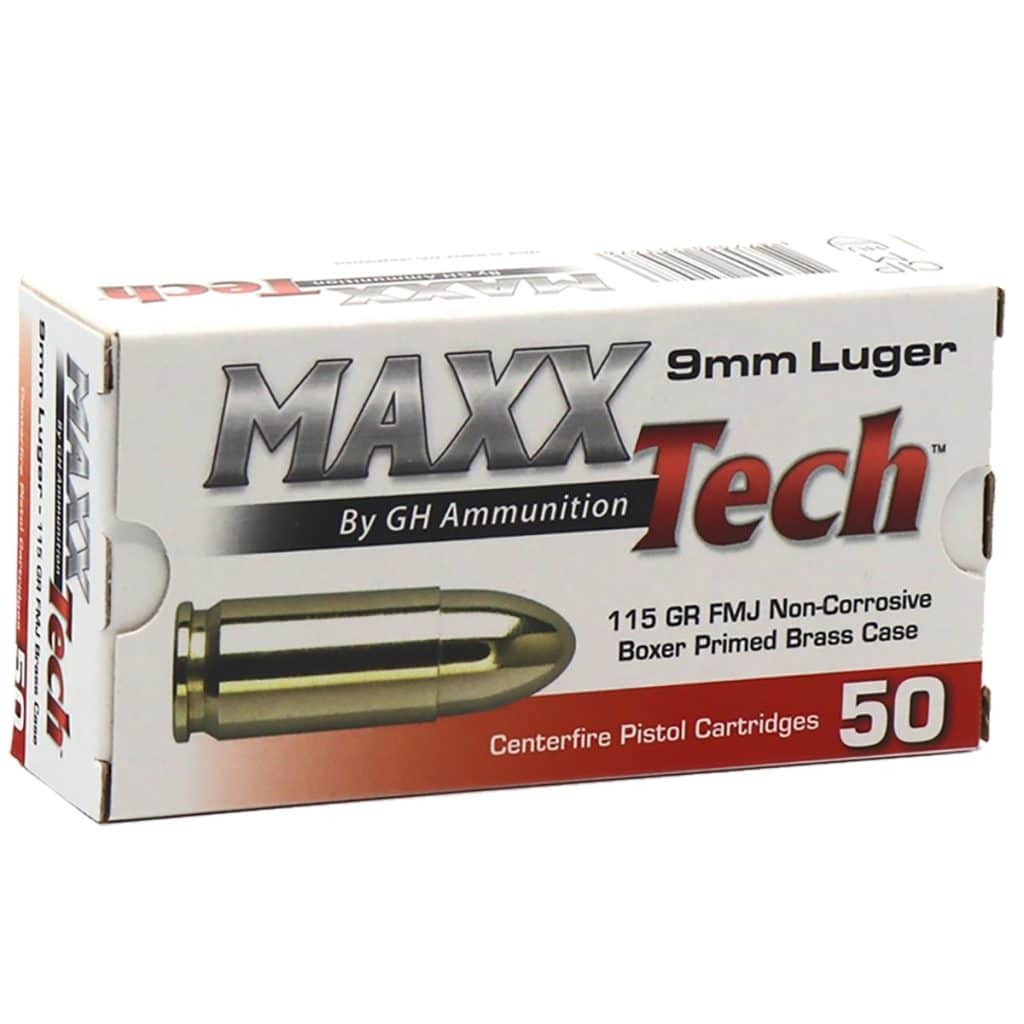 MaxxTech 9mm Luger 115 grain FMJ brass case ammunition 50-round box