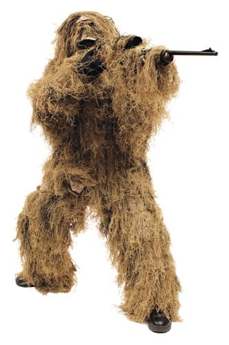 Red Rock Gear five-piece desert ghillie suit with jacket, hood, pants, and gun wrap