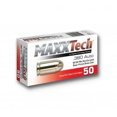 MAXXTech PTGB380B .380 ACP 95 grain FMJ brass case ammunition, 50 rounds