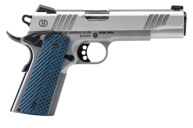 Bersa B1911 .45 ACP stainless pistol with 5-inch barrel and blue VZ grips