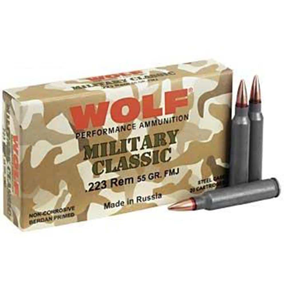 Wolf Military Classic .223 Rem 55 grain FMJ steel case ammunition, 20 rounds