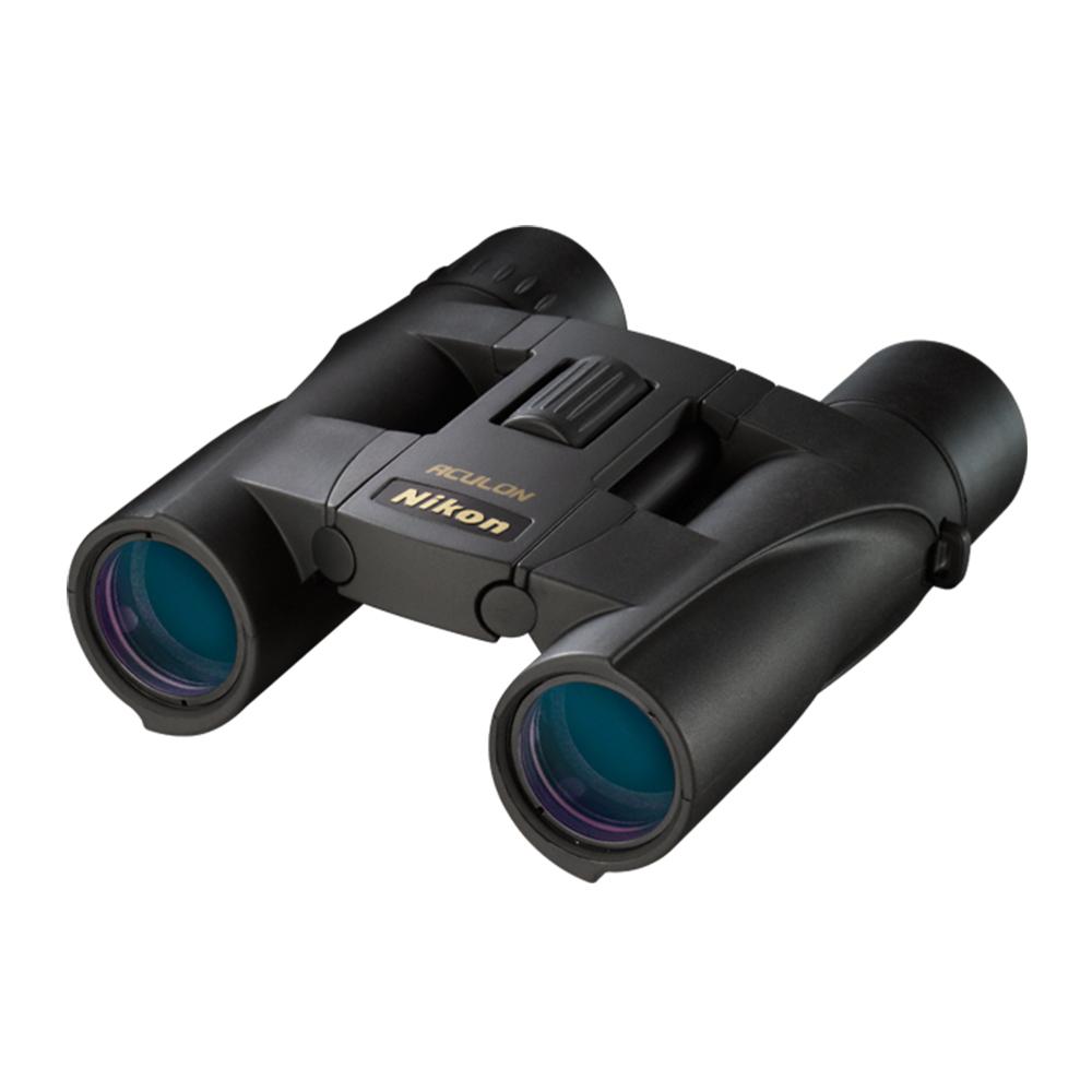 Nikon Aculon A30 10x25 black binoculars with neck strap, case, and lens covers