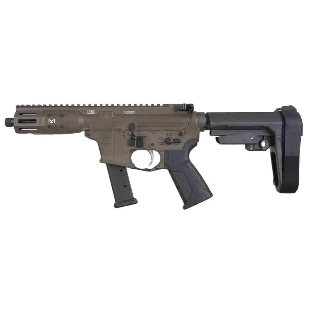 LWRC IC-9 9mm pistol with 5.6-inch barrel, Patriot Brown finish, and SBA3 brace